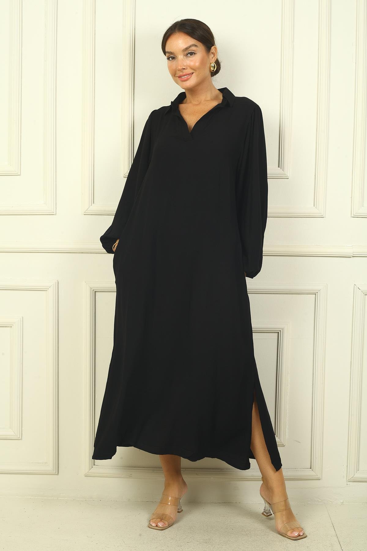 S-24Y3880025Kadın Polo Yaka Kol Uçları Lastikli Cepli Rahat Kalıp Uzun Viskon Elbise