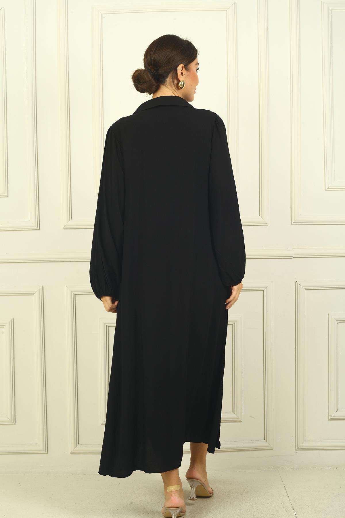 S-24Y3880025Kadın Polo Yaka Kol Uçları Lastikli Cepli Rahat Kalıp Uzun Viskon Elbise