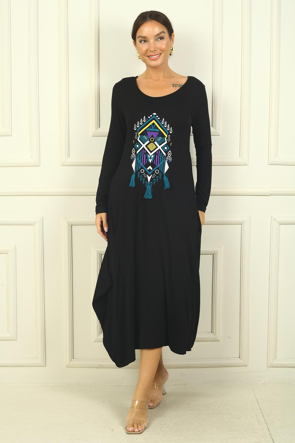 S-24Y3880026Kadın Önü Nakışlı Cepli Rahat Kalıp Uzun Viskon Elbise