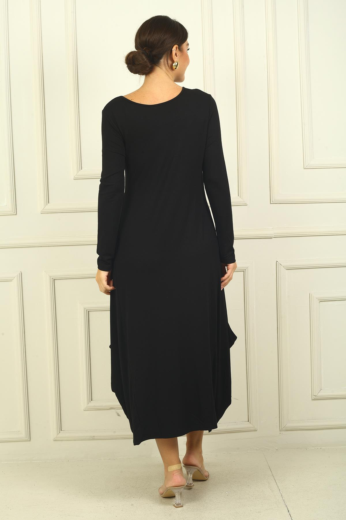 S-24Y3880026Kadın Önü Nakışlı Cepli Rahat Kalıp Uzun Viskon Elbise