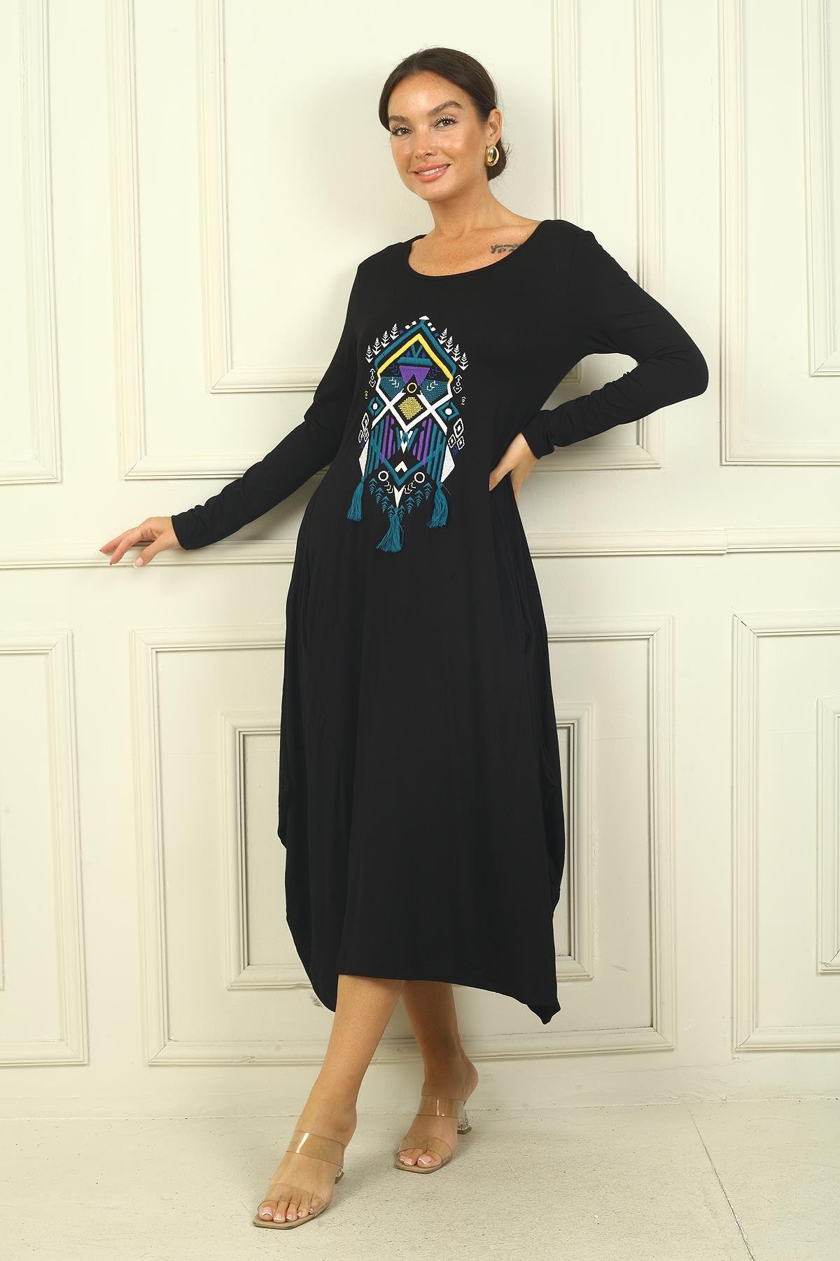 S-24Y3880026Kadın Önü Nakışlı Cepli Rahat Kalıp Uzun Viskon Elbise