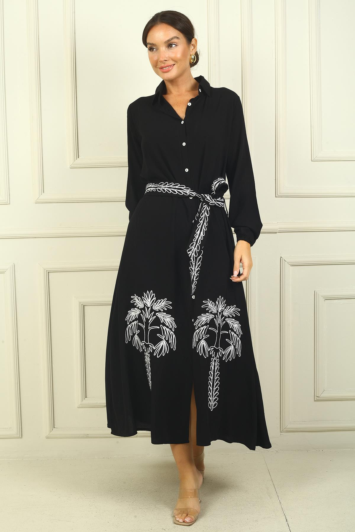 S-24Y3880027Önü Düğmeli Eteği Palmiye İşlemeli Gömlek Yaka Elbise