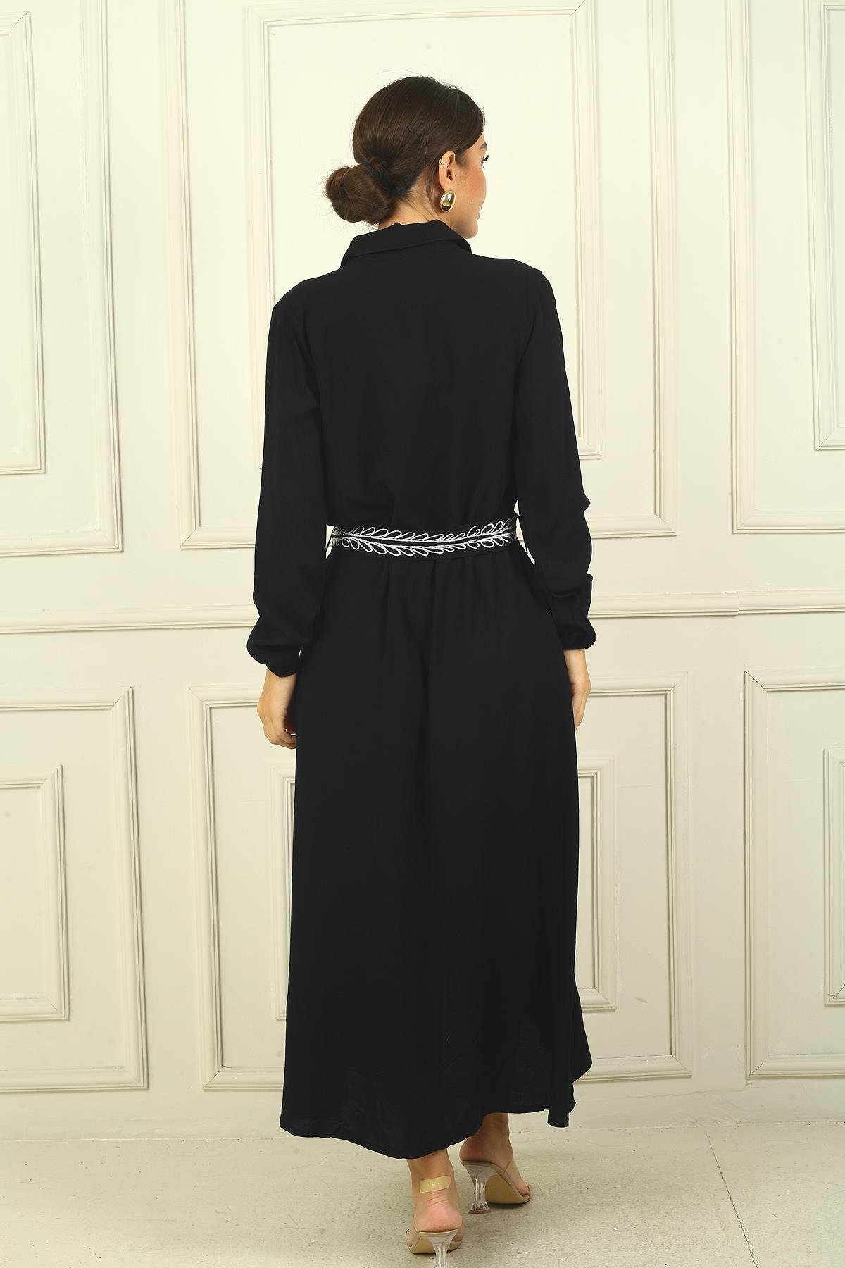 S-24Y3880027Önü Düğmeli Eteği Palmiye İşlemeli Gömlek Yaka Elbise