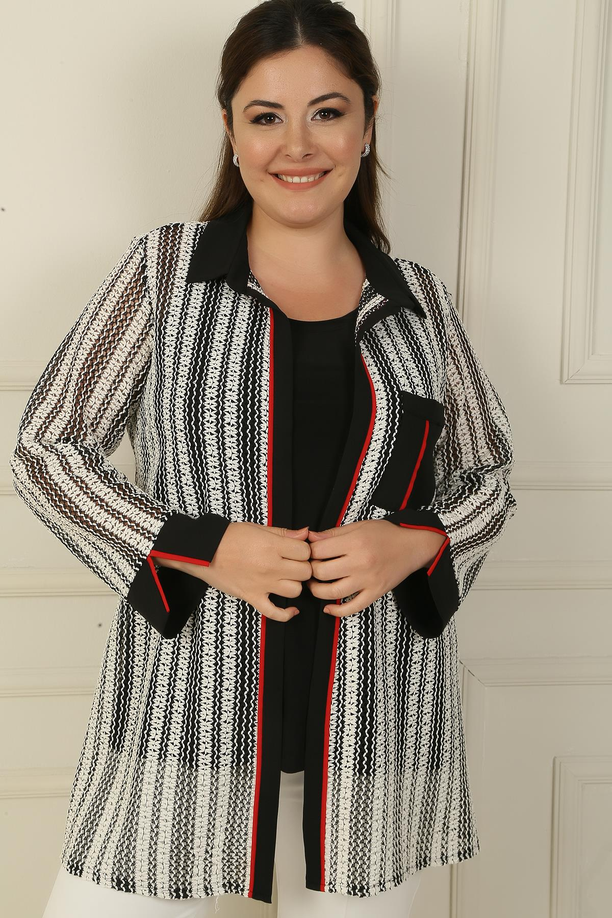 S-24Y4040009Tek Cepli Biyeli File Ceket Bluz Büyük Beden 2'li Takım