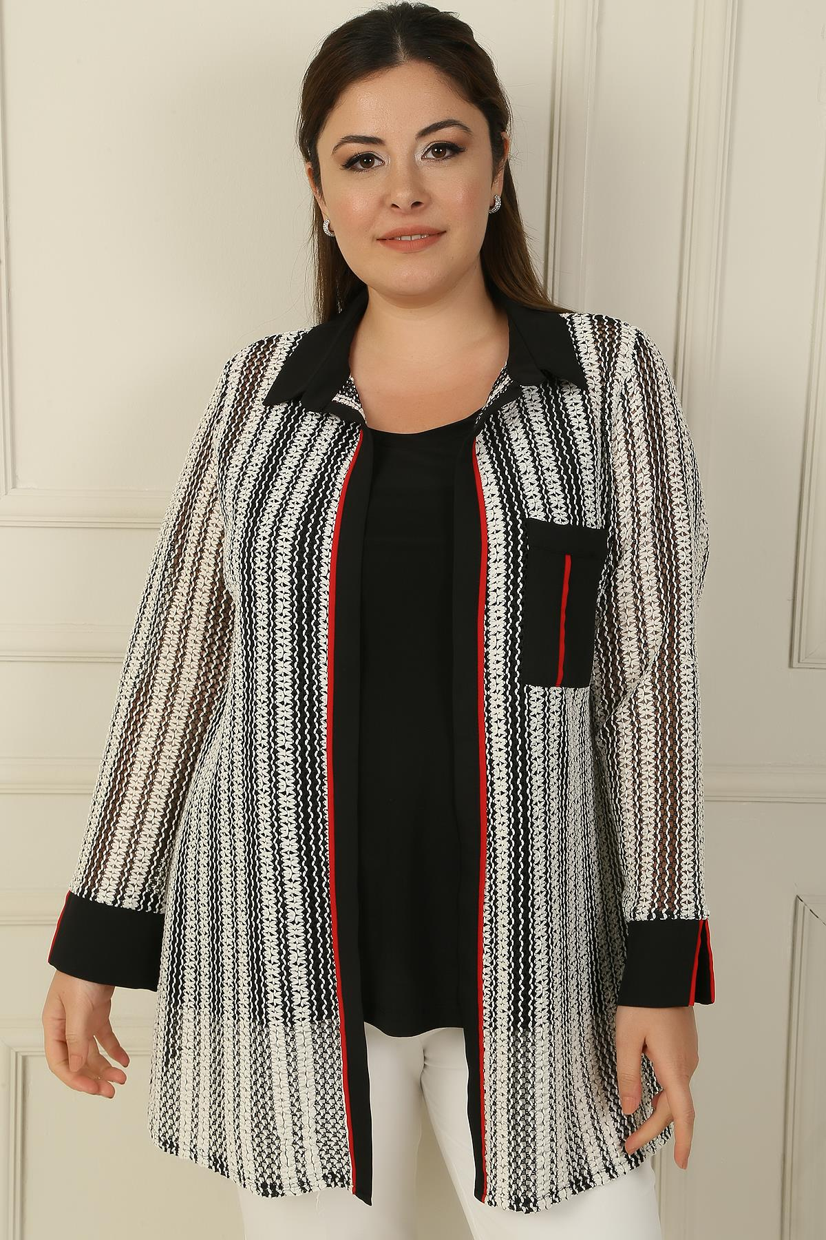 S-24Y4040009Tek Cepli Biyeli File Ceket Bluz Büyük Beden 2'li Takım