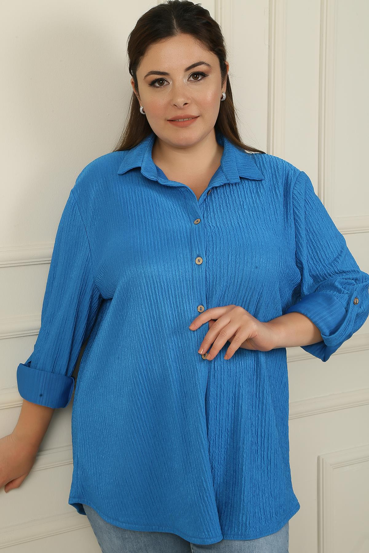 S-24Y4040010Kol Katlamalı Gofre Büyük Beden Gömlek