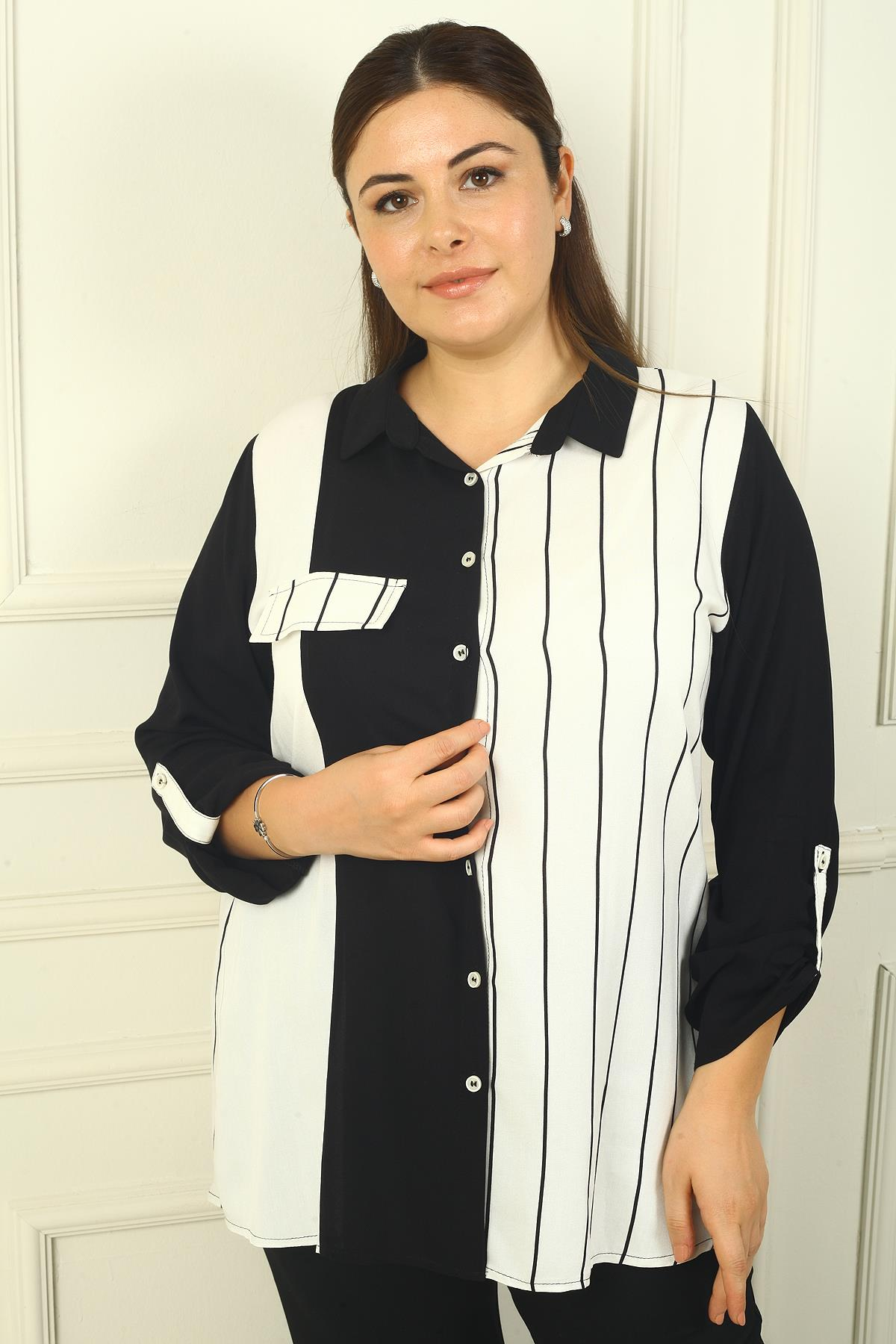 S-24Y4040015Kadın Tek Cepli Kol Katlamalı Çizgili B.B. Gömlek