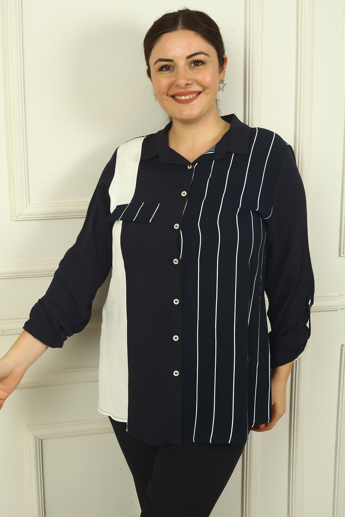 S-24Y4040015Kadın Tek Cepli Kol Katlamalı Çizgili B.B. Gömlek