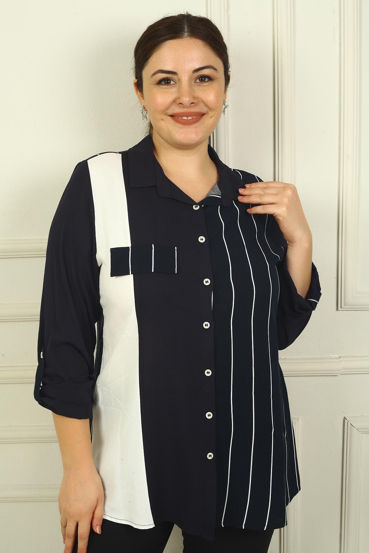 S-24Y4040015Kadın Tek Cepli Kol Katlamalı Çizgili B.B. Gömlek