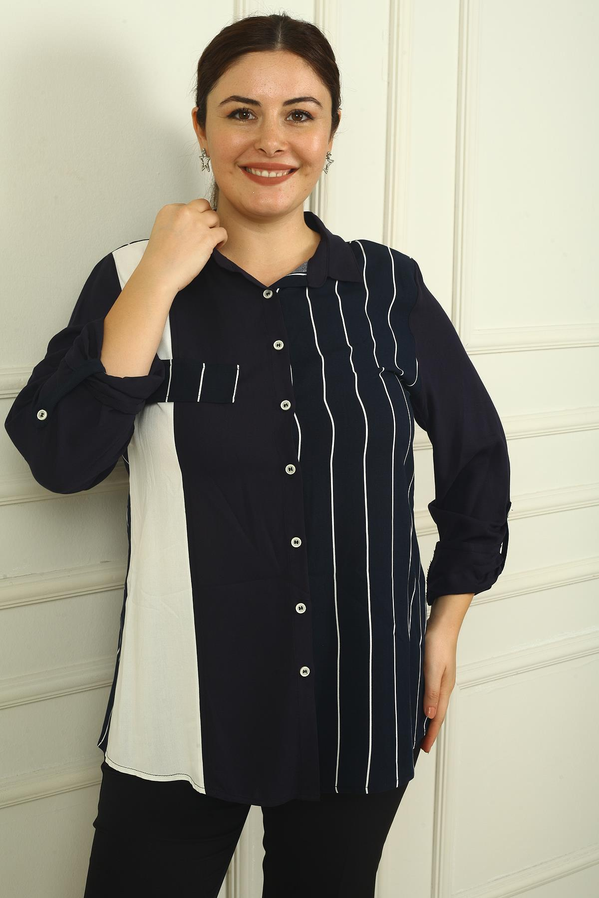 S-24Y4040015Kadın Tek Cepli Kol Katlamalı Çizgili B.B. Gömlek