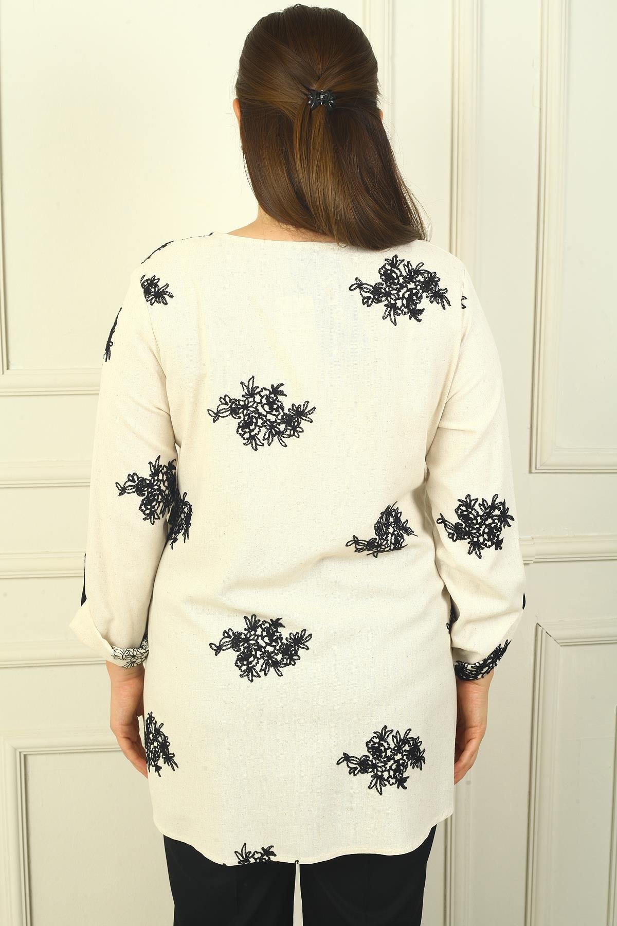 S-24Y4040016Kadın Kol Katlamalı Nakışlı B.B. Keten Gömlek