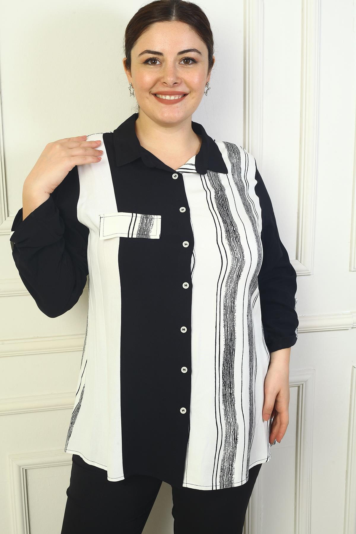 S-24Y4040019Kadın Sahte Cepli Kol Katlamalı Boyuna Çizgili Büyük Beden Gömlek