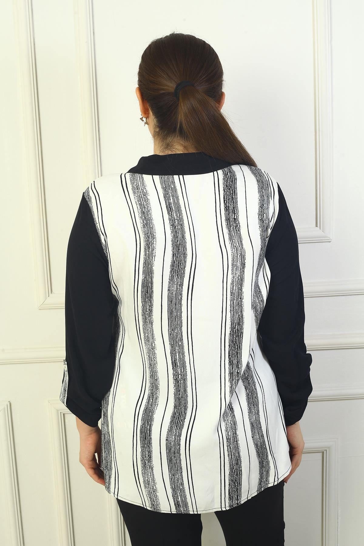 S-24Y4040019Kadın Sahte Cepli Kol Katlamalı Boyuna Çizgili Büyük Beden Gömlek