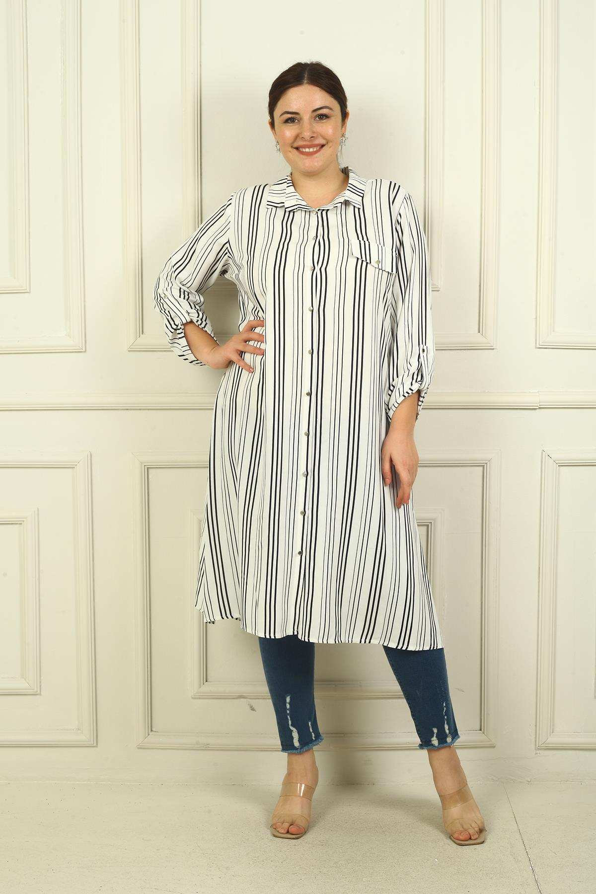 S-24Y4040020Kadın Sahte Tek Cepli Kol Katlamalı Boyuna Çizgili Büyük Beden Uzun Tunik Gömlek