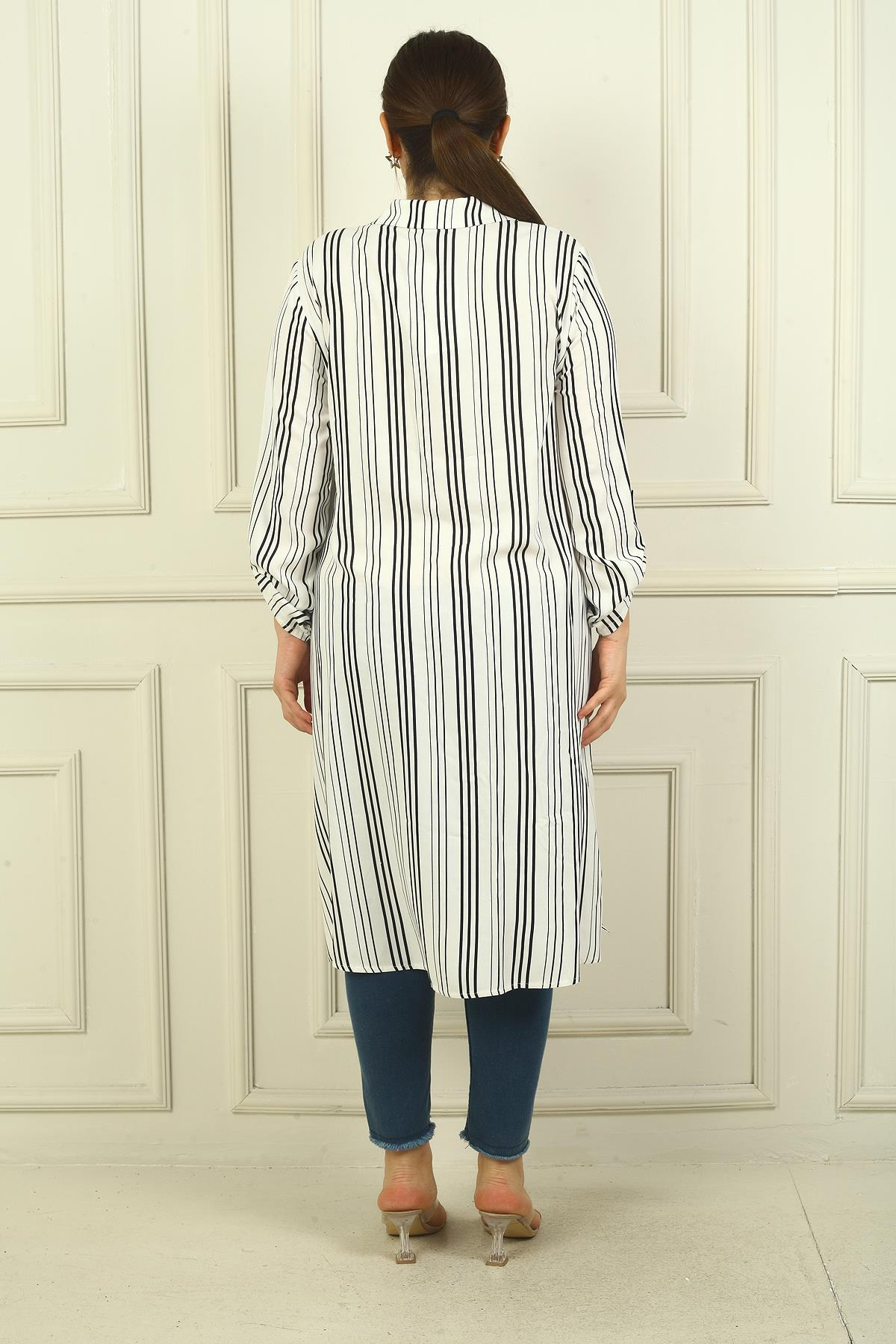 S-24Y4040020Kadın Sahte Tek Cepli Kol Katlamalı Boyuna Çizgili Büyük Beden Uzun Tunik Gömlek