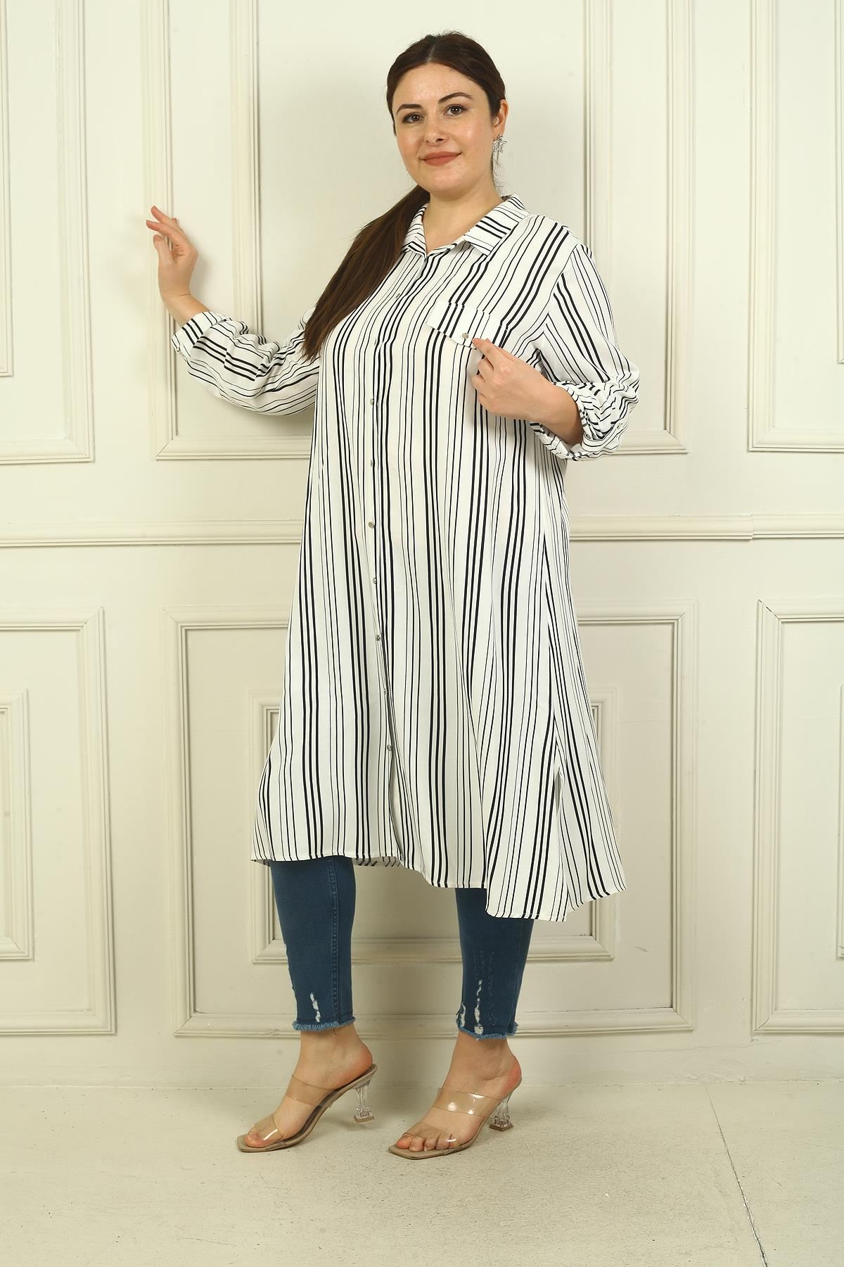 S-24Y4040020Kadın Sahte Tek Cepli Kol Katlamalı Boyuna Çizgili Büyük Beden Uzun Tunik Gömlek