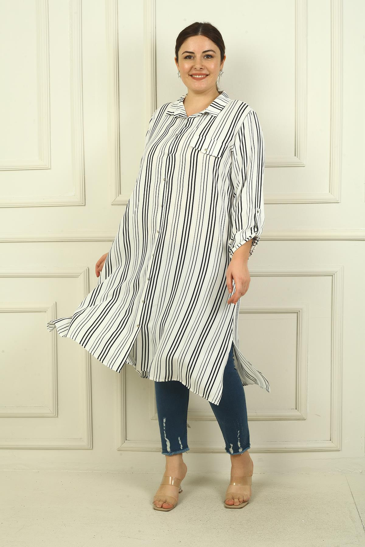 S-24Y4040020Kadın Sahte Tek Cepli Kol Katlamalı Boyuna Çizgili Büyük Beden Uzun Tunik Gömlek