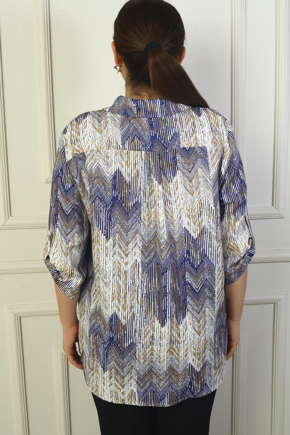 S-24Y4040021Kadın Kol Katlamalı Zigzag Büyük Beden Gömlek