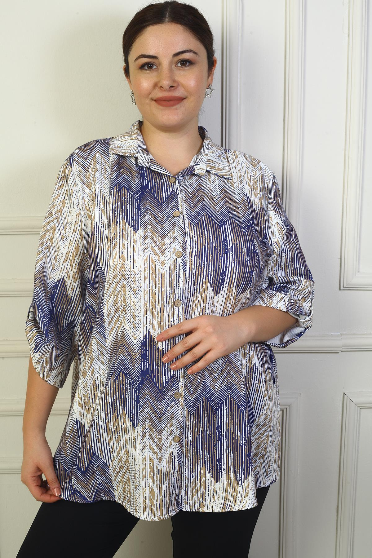 S-24Y4040021Kadın Kol Katlamalı Zigzag Büyük Beden Gömlek