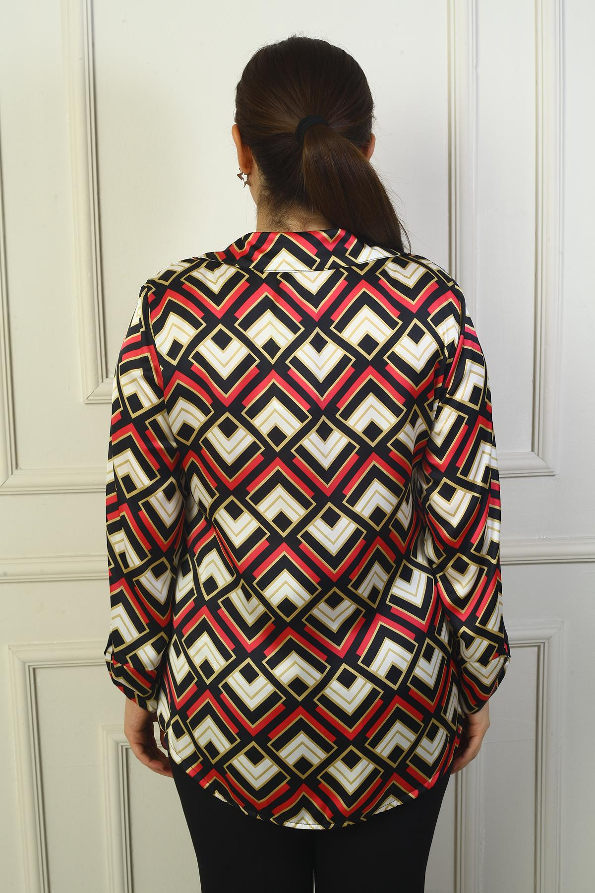 S-24Y4040025Kadın Tek Cepli Geometrik Desenli Büyük Beden Saten Gömlek