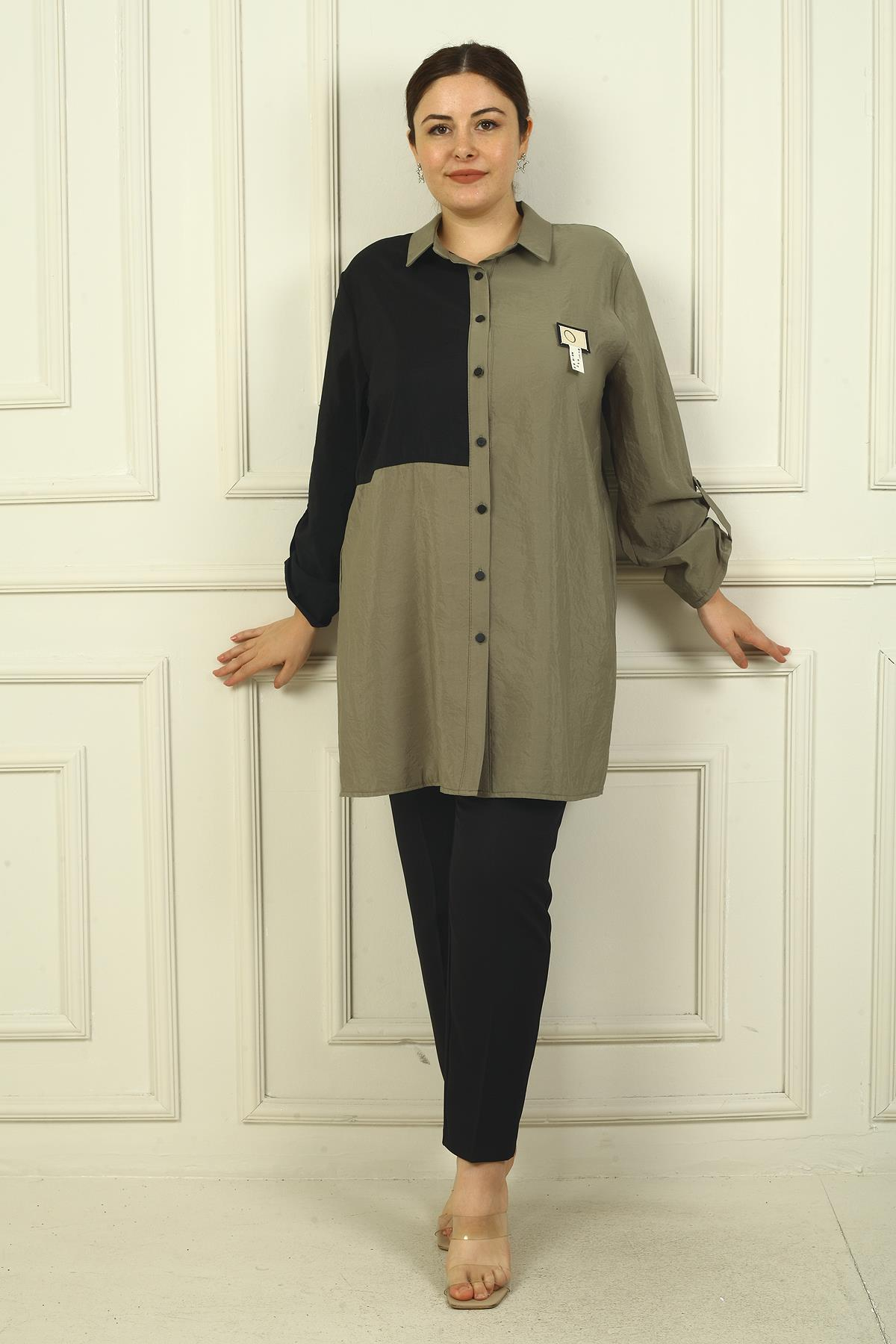 S-24Y4040026Kadın Kol Katlamalı Renk Bloklu Büyük Beden Uzun Kap Gömlek