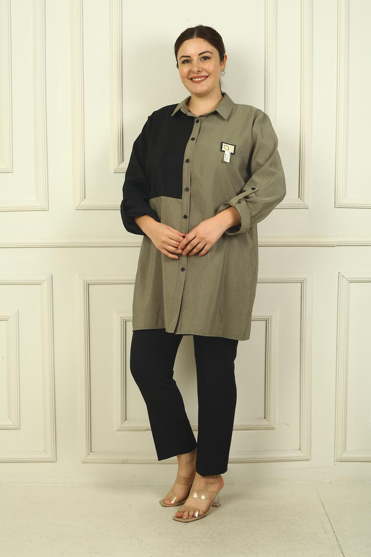 S-24Y4040026Kadın Kol Katlamalı Renk Bloklu Büyük Beden Uzun Kap Gömlek