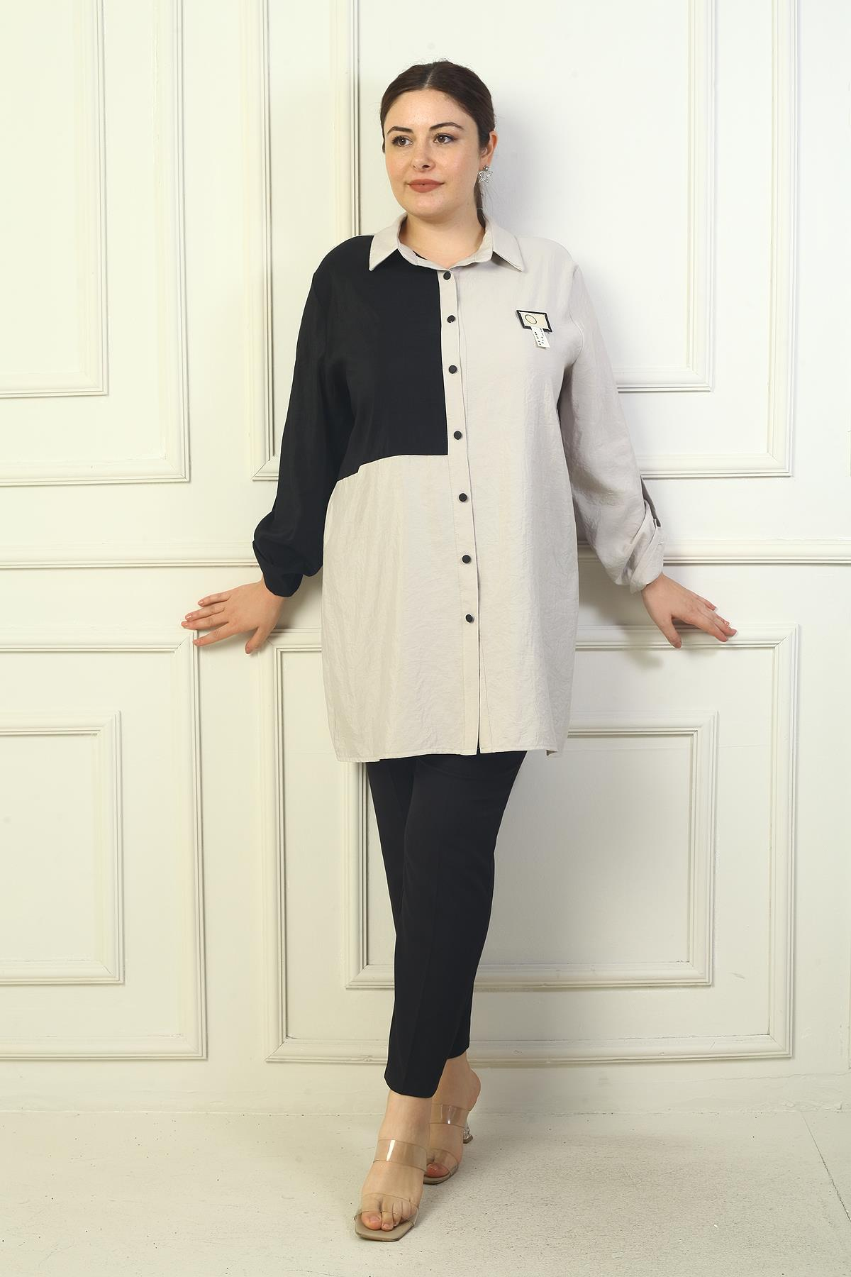 S-24Y4040026Kadın Kol Katlamalı Renk Bloklu Büyük Beden Uzun Kap Gömlek