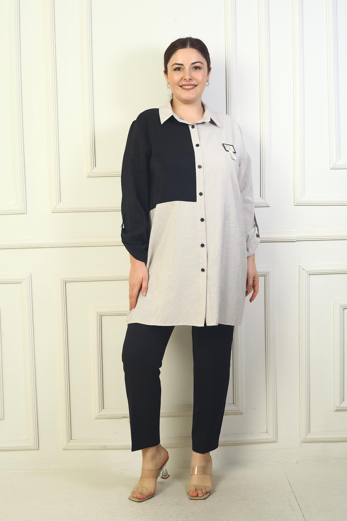 S-24Y4040026Kadın Kol Katlamalı Renk Bloklu Büyük Beden Uzun Kap Gömlek