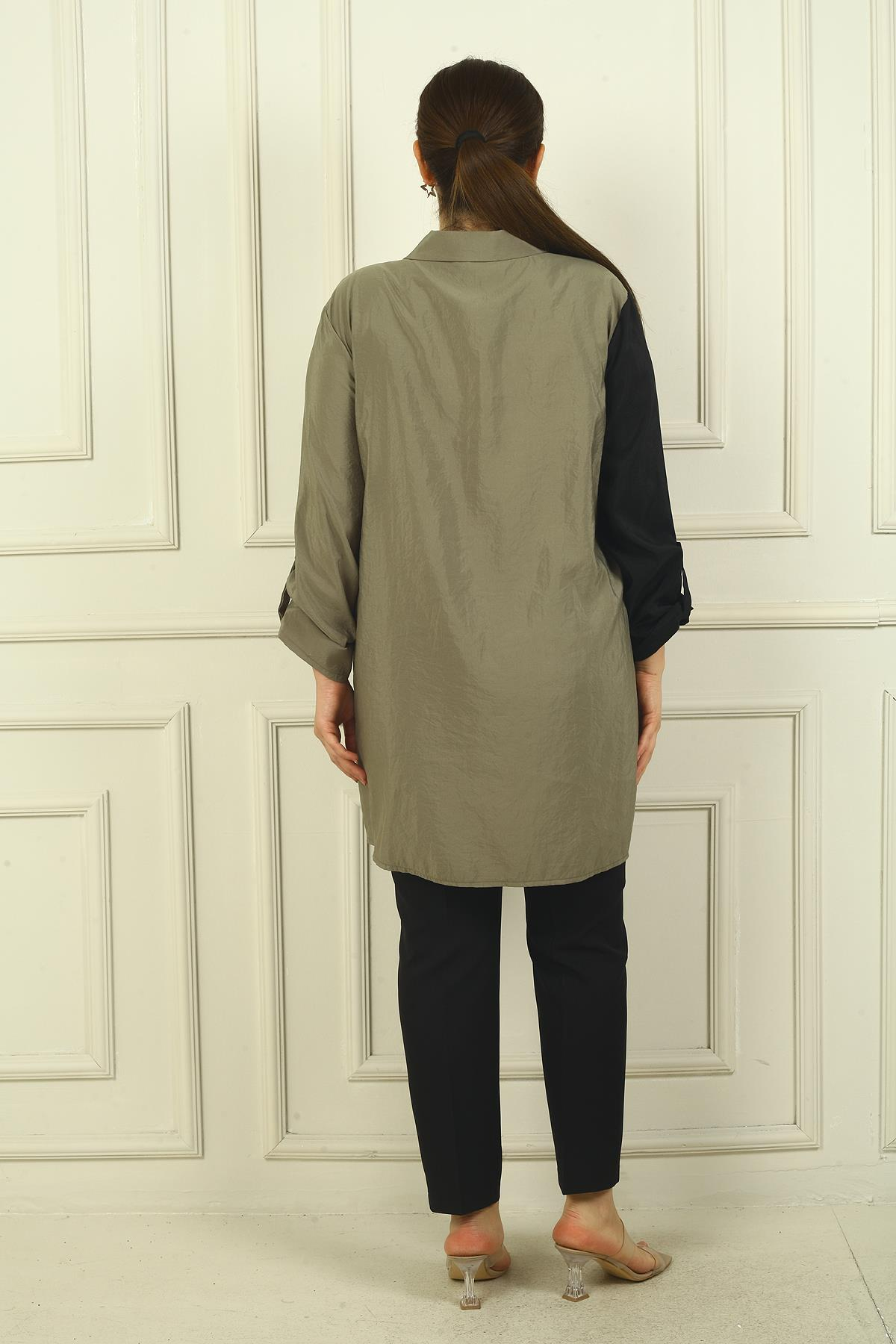 S-24Y4040026Kadın Kol Katlamalı Renk Bloklu Büyük Beden Uzun Kap Gömlek