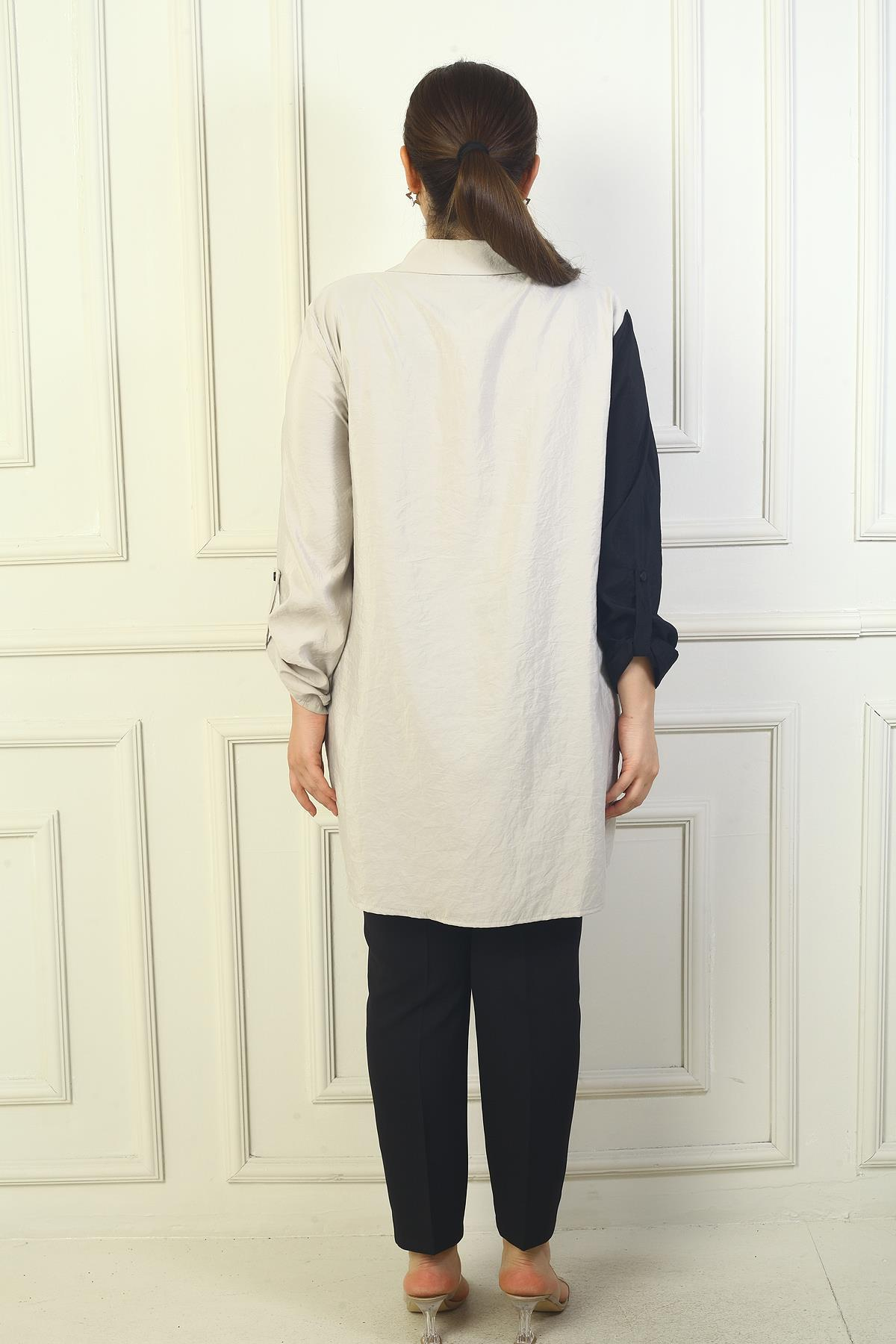 S-24Y4040026Kadın Kol Katlamalı Renk Bloklu Büyük Beden Uzun Kap Gömlek