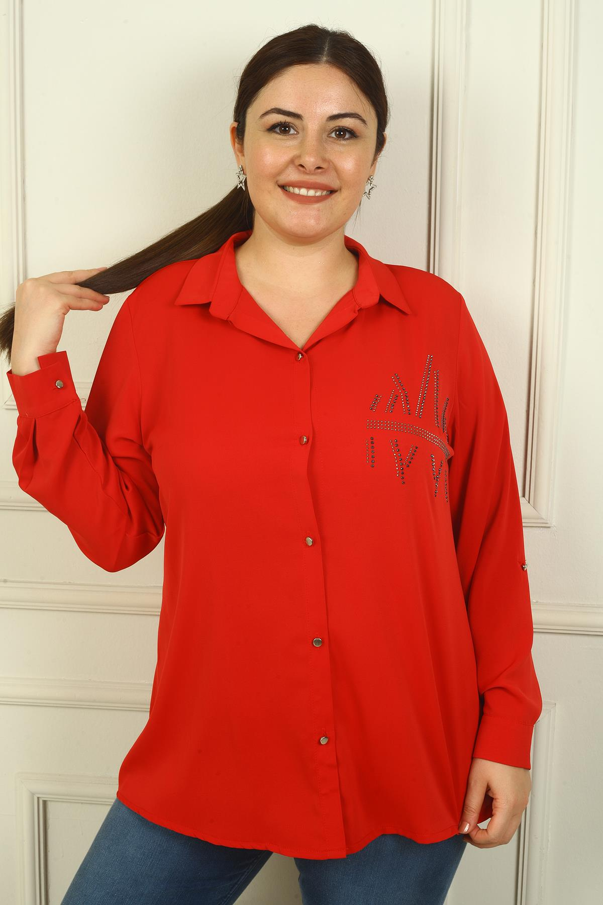 S-24Y4040027Kadın Kol Katlamalı Taş Detaylı Krep Saten Büyük Beden Gömlek