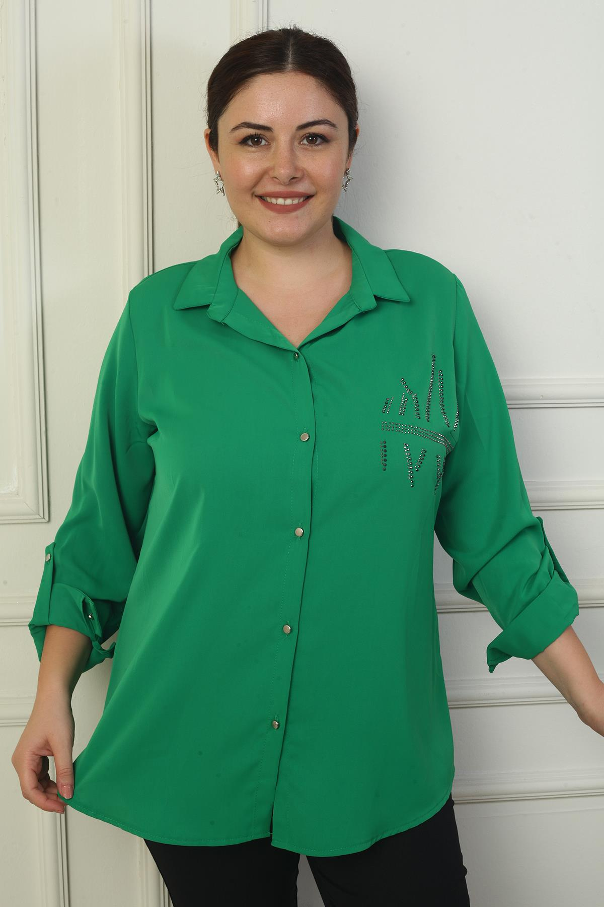 S-24Y4040027Kadın Kol Katlamalı Taş Detaylı Krep Saten Büyük Beden Gömlek