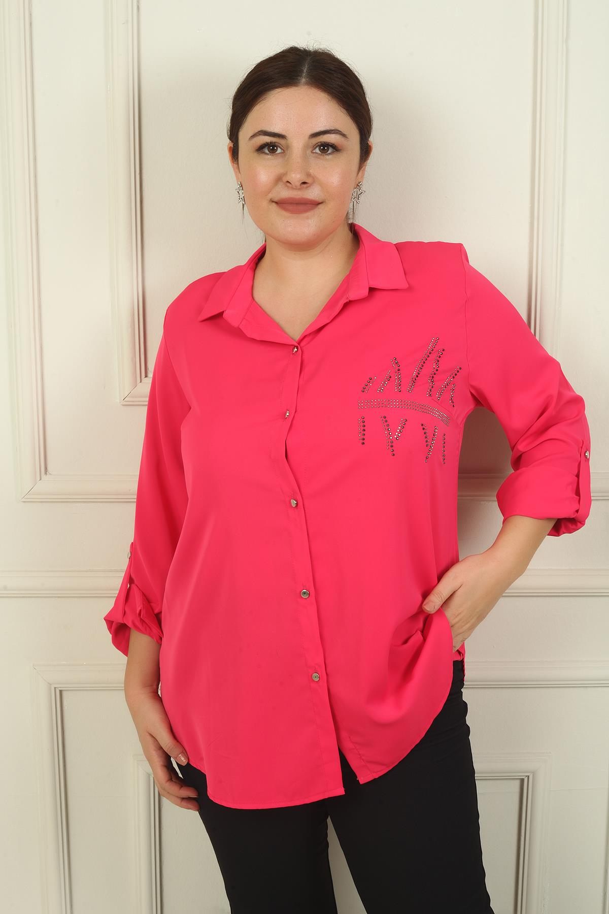 S-24Y4040027Kadın Kol Katlamalı Taş Detaylı Krep Saten Büyük Beden Gömlek