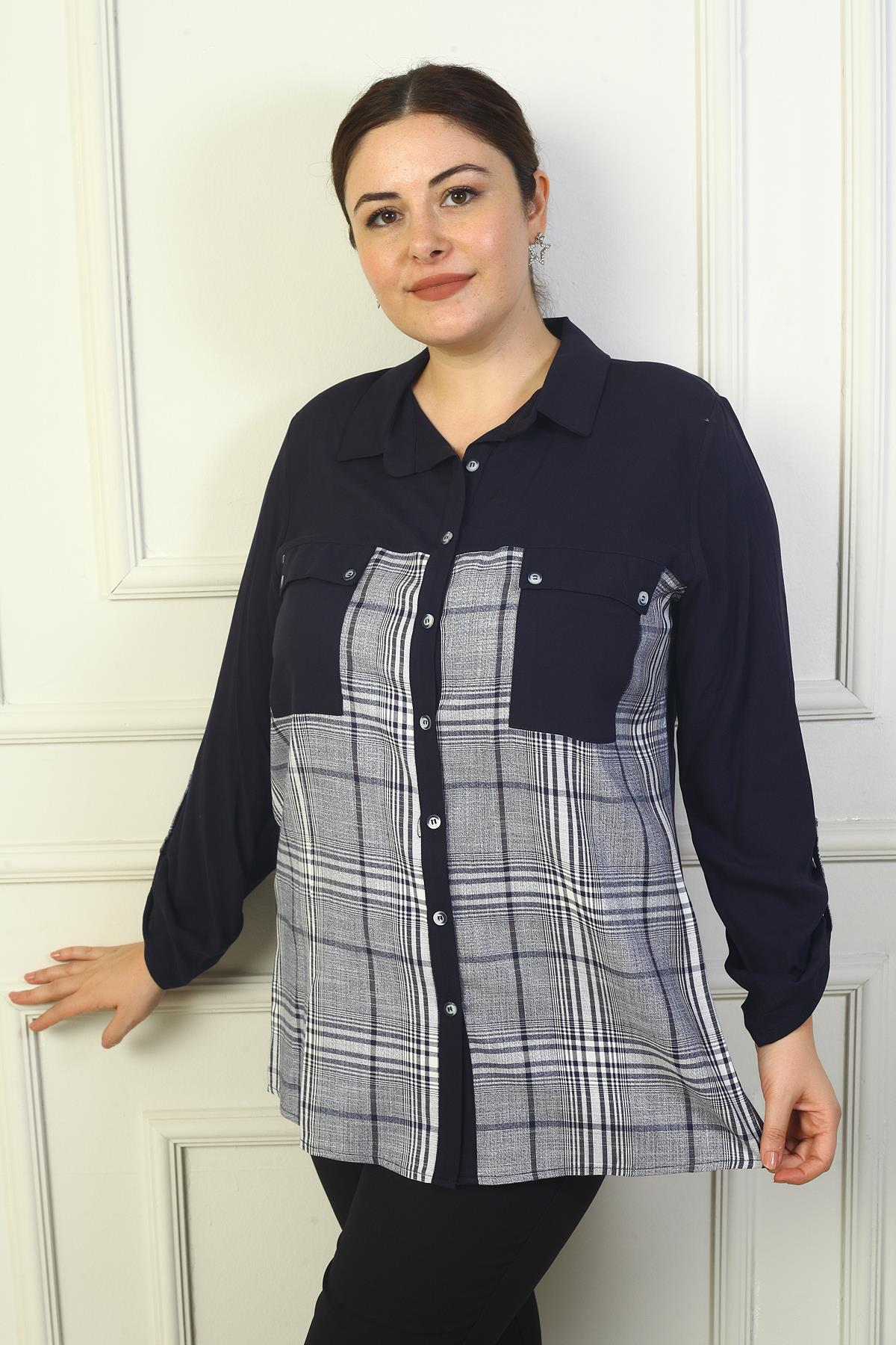 S-24Y4040028Kadın Çift Cepli Önü Ekoseli Kol Katlamalı Büyük Beden Viskon Gömlek