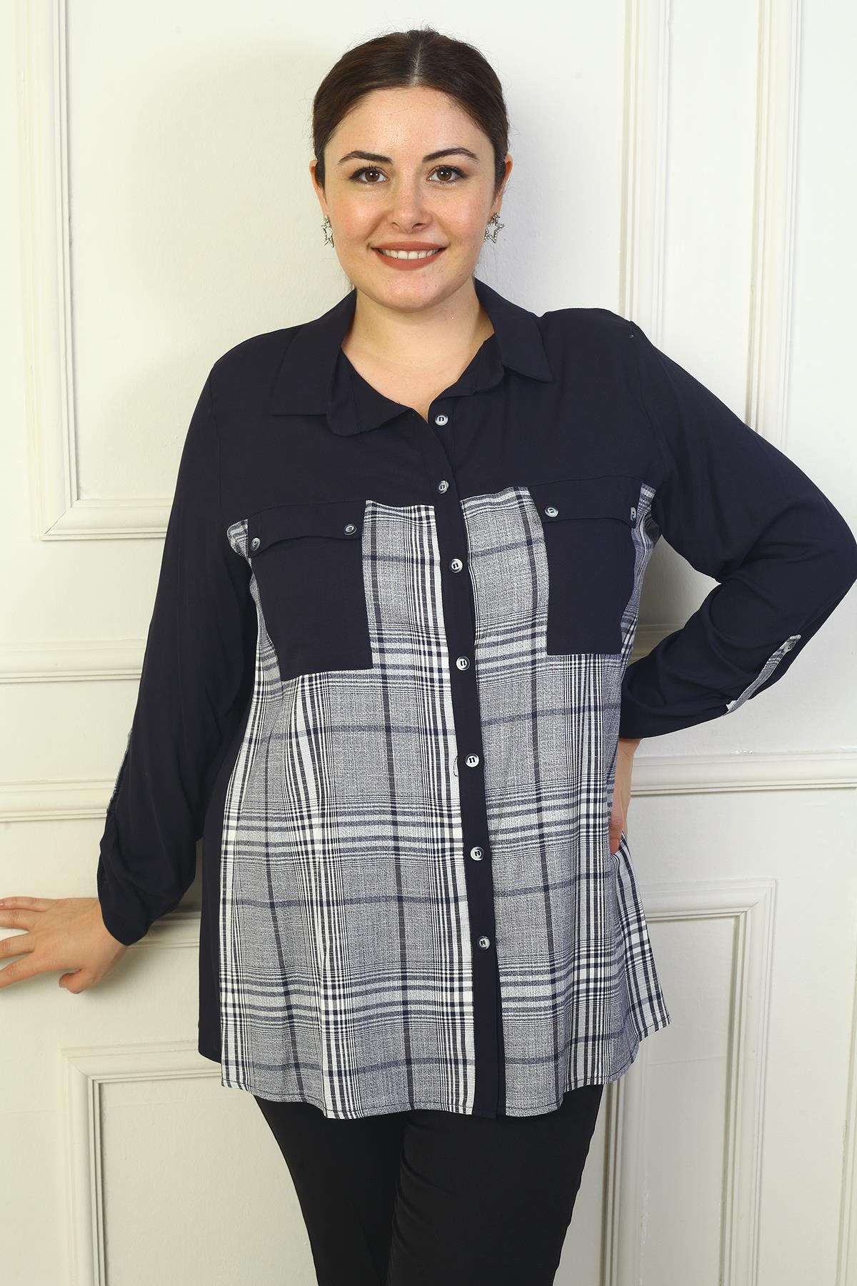 S-24Y4040028Kadın Çift Cepli Önü Ekoseli Kol Katlamalı Büyük Beden Viskon Gömlek