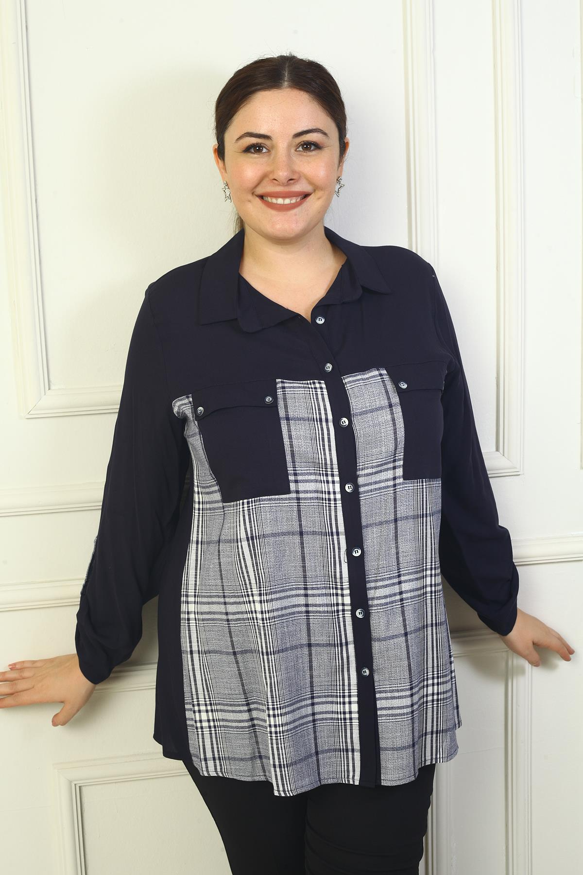 S-24Y4040028Kadın Çift Cepli Önü Ekoseli Kol Katlamalı Büyük Beden Viskon Gömlek