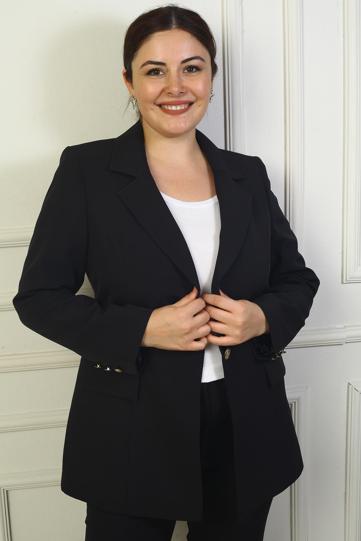 S-24Y4090004Kadın Önü Tek  Metal Düğmeli Astarlı Büyük Beden Duble Ceket