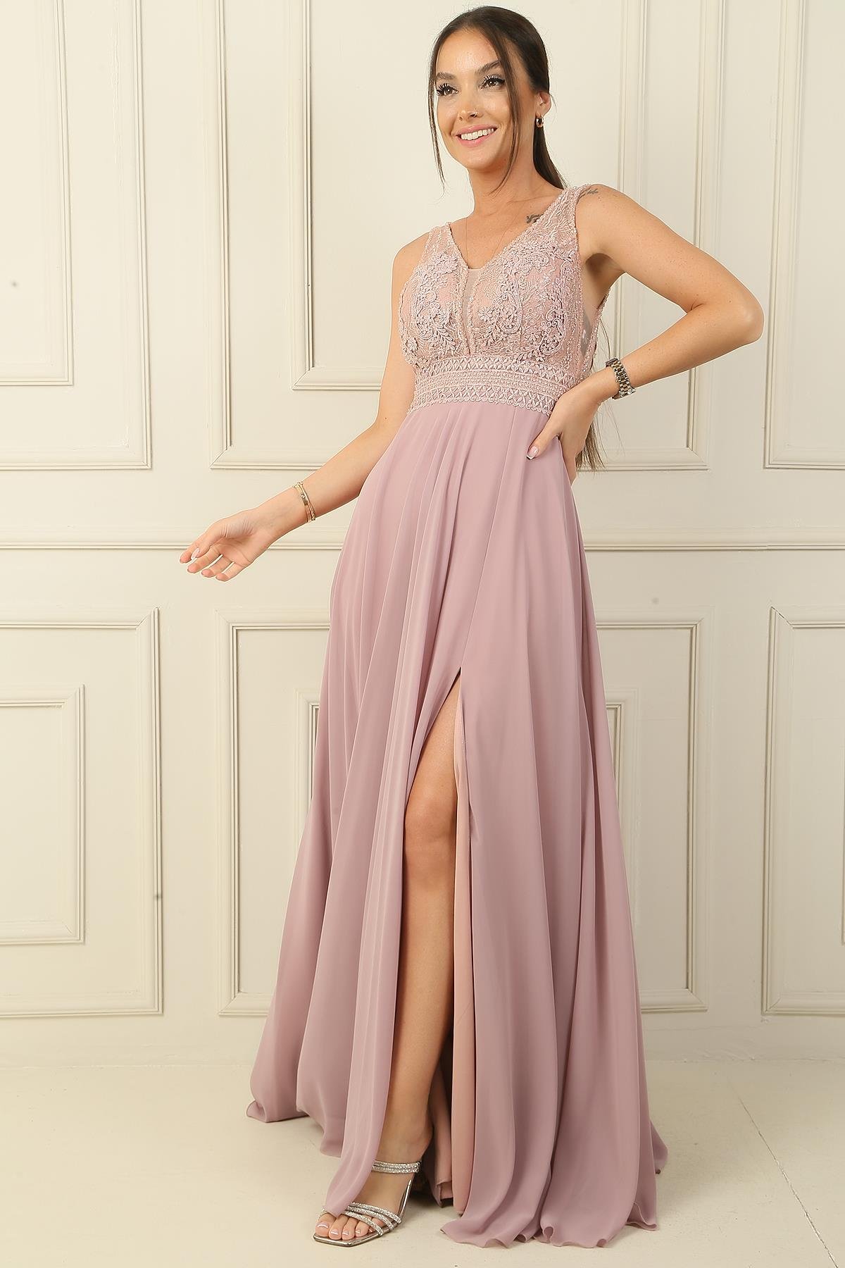 S-24Y4120002Ön Arka V Yaka Üst Boncuklu Çiçek Motifli Astarlı Uzun Şifon Abiye Elbise