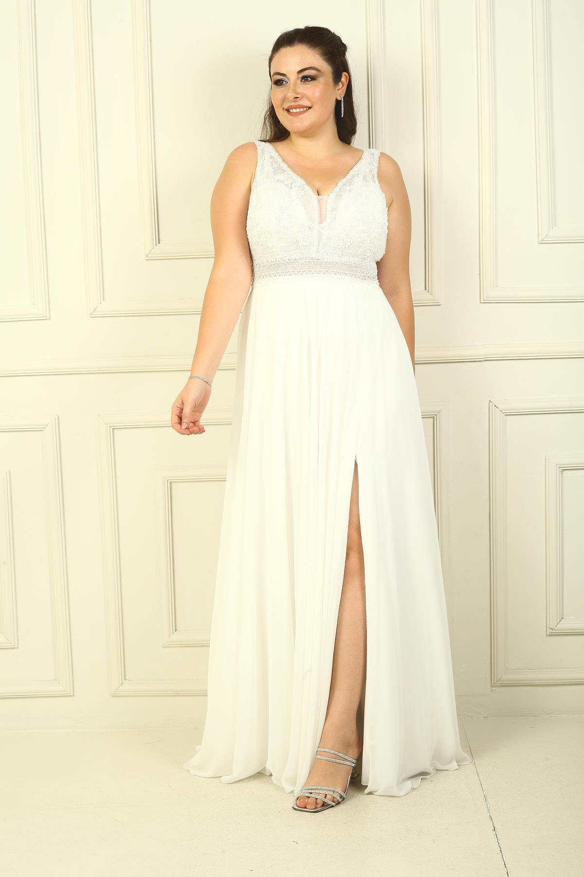 S-24Y4120002Front Back V-Neck Top Beaded Flower Motif Lined Long Chiffon Evening Dress