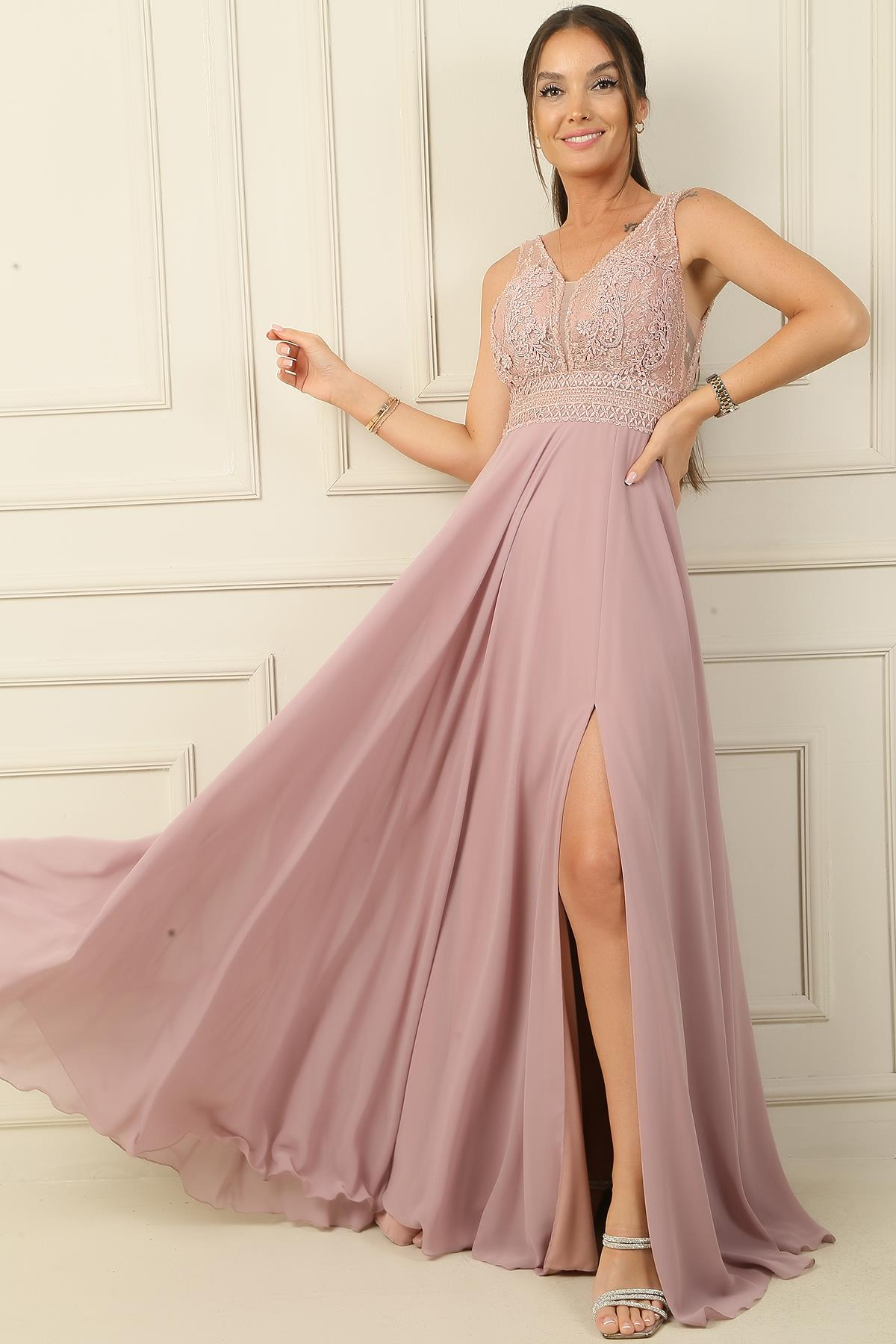 S-24Y4120002Ön Arka V Yaka Üst Boncuklu Çiçek Motifli Astarlı Uzun Şifon Abiye Elbise