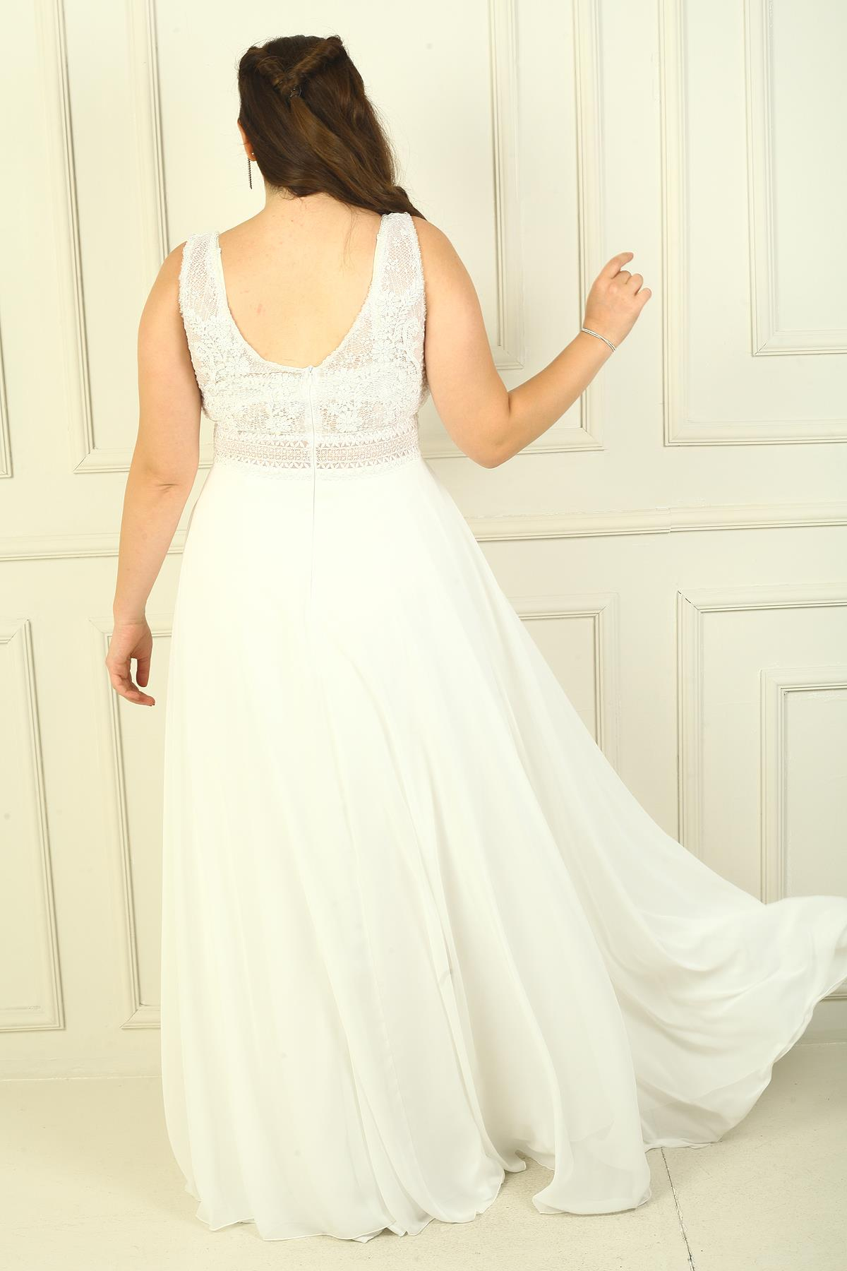 S-24Y4120002Front Back V-Neck Top Beaded Flower Motif Lined Long Chiffon Evening Dress