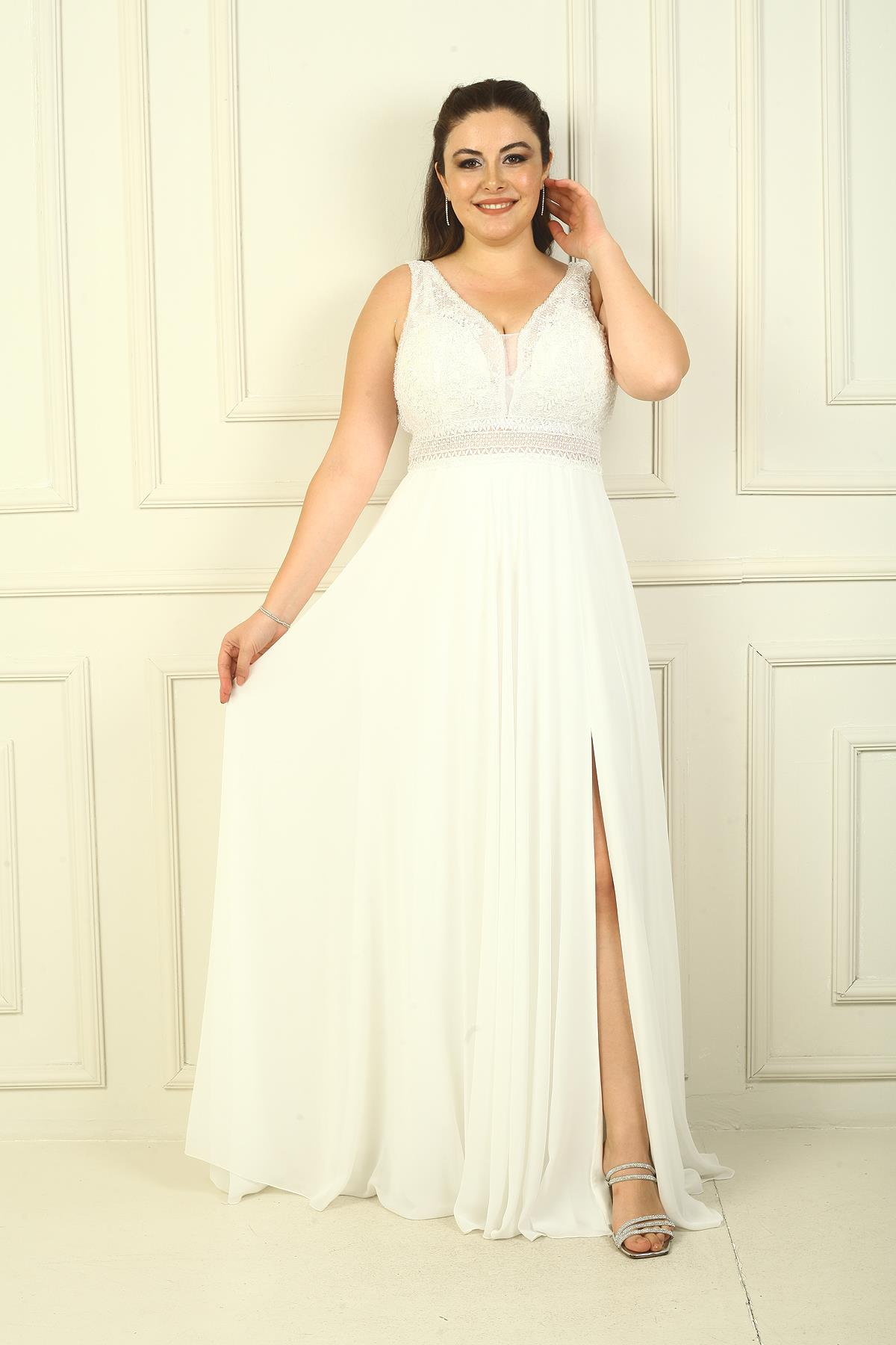 S-24Y4120002Front Back V-Neck Top Beaded Flower Motif Lined Long Chiffon Evening Dress