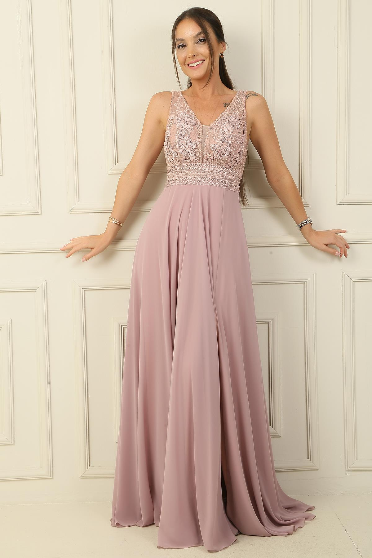 S-24Y4120002Ön Arka V Yaka Üst Boncuklu Çiçek Motifli Astarlı Uzun Şifon Abiye Elbise