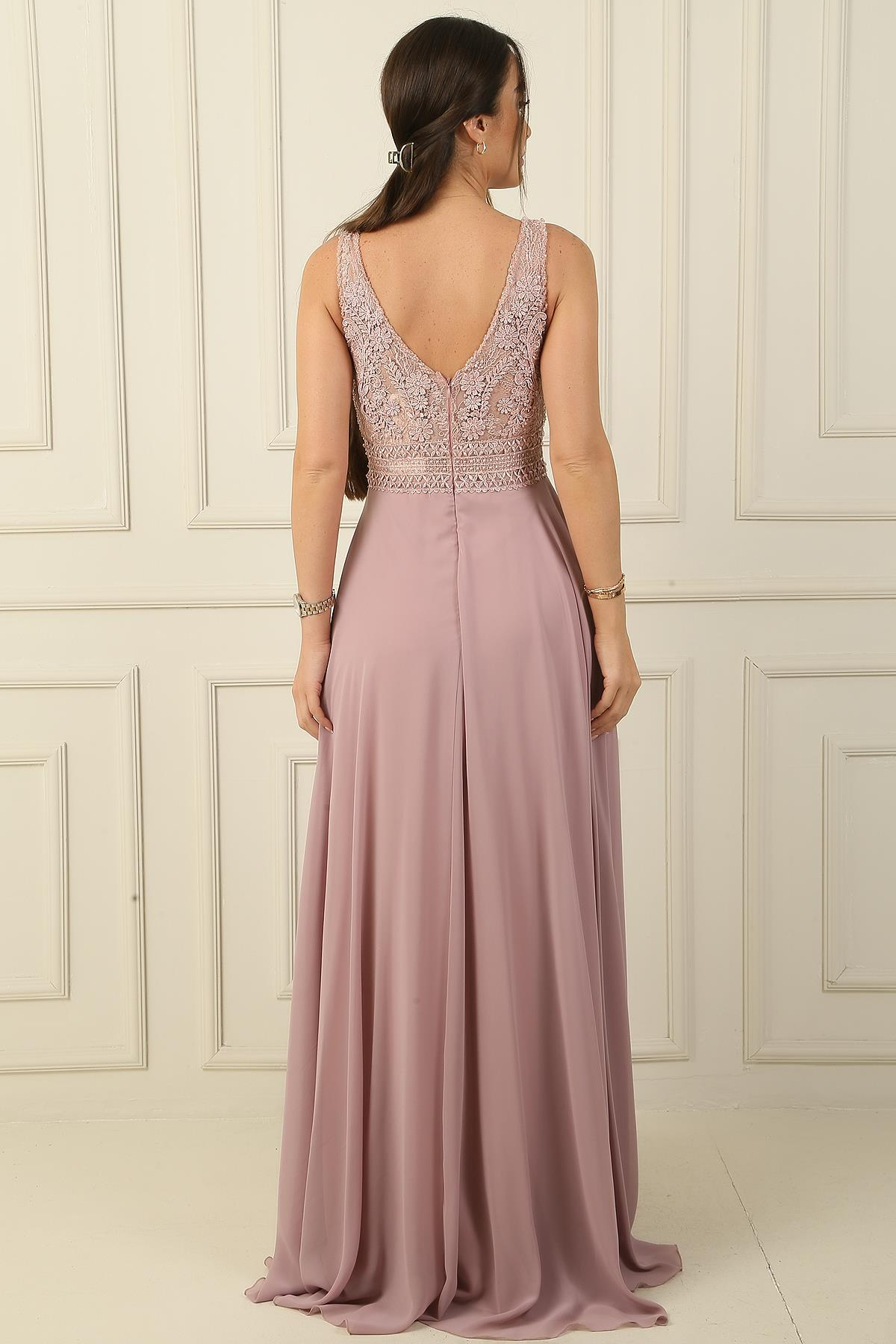 S-24Y4120002Ön Arka V Yaka Üst Boncuklu Çiçek Motifli Astarlı Uzun Şifon Abiye Elbise