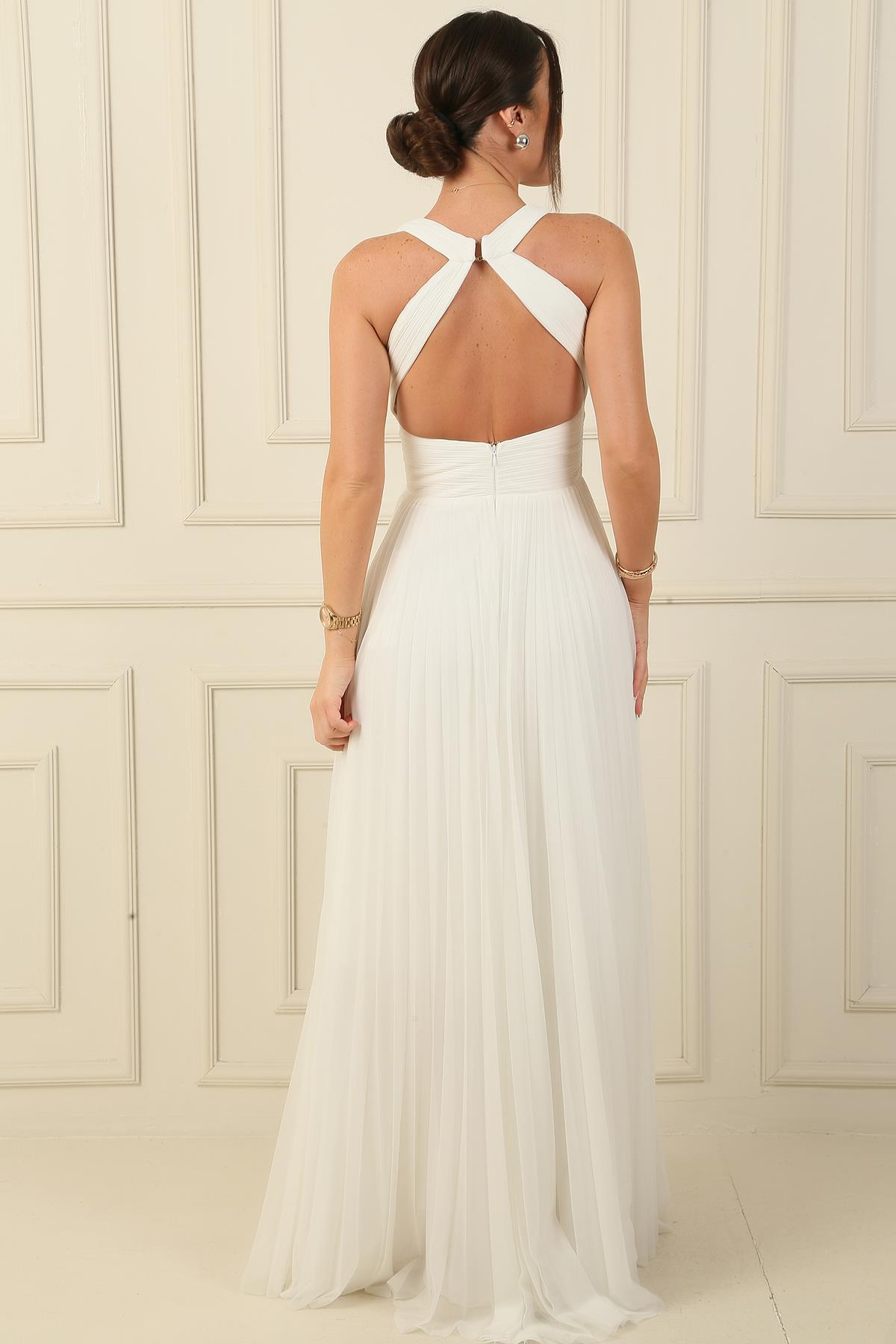 S-24Y4120007Backless, Front Knot Detailed, Lined, Pleated, Long Chiffon Evening Dress