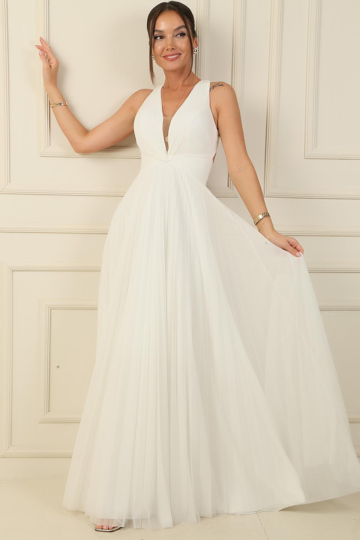 S-24Y4120007Backless, Front Knot Detailed, Lined, Pleated, Long Chiffon Evening Dress