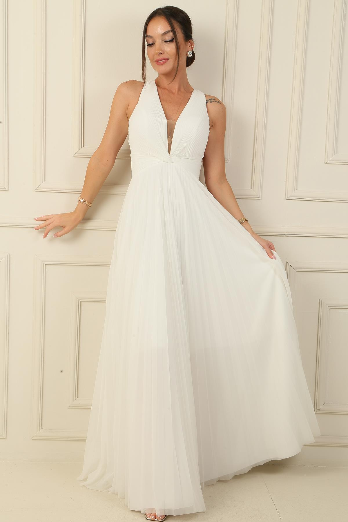 S-24Y4120007Backless, Front Knot Detailed, Lined, Pleated, Long Chiffon Evening Dress