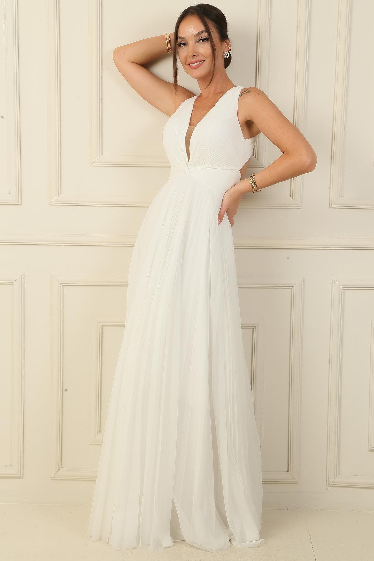 S-24Y4120007Backless, Front Knot Detailed, Lined, Pleated, Long Chiffon Evening Dress