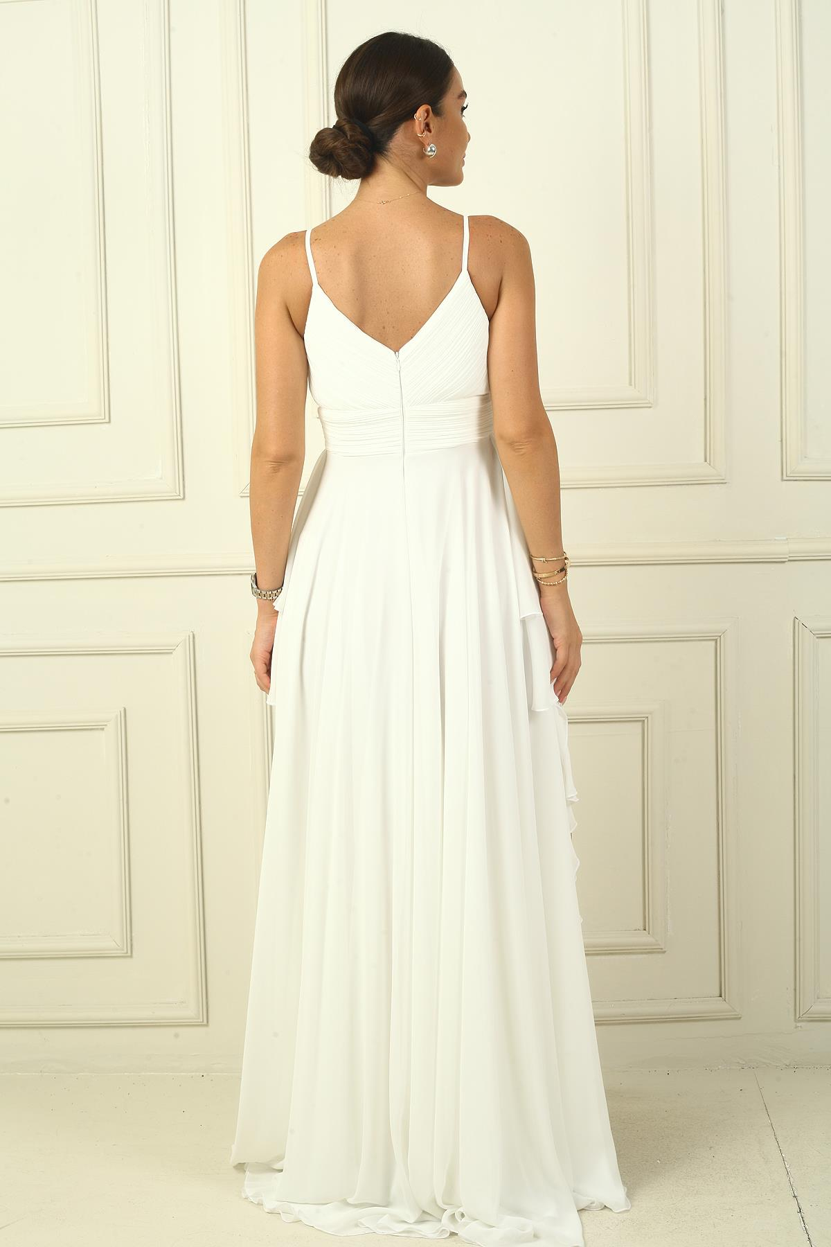 S-24Y4120011Kadın İp Askılı Yanları Yırtmaçlı Astarlı Volanlı Şifon Uzun Elbise