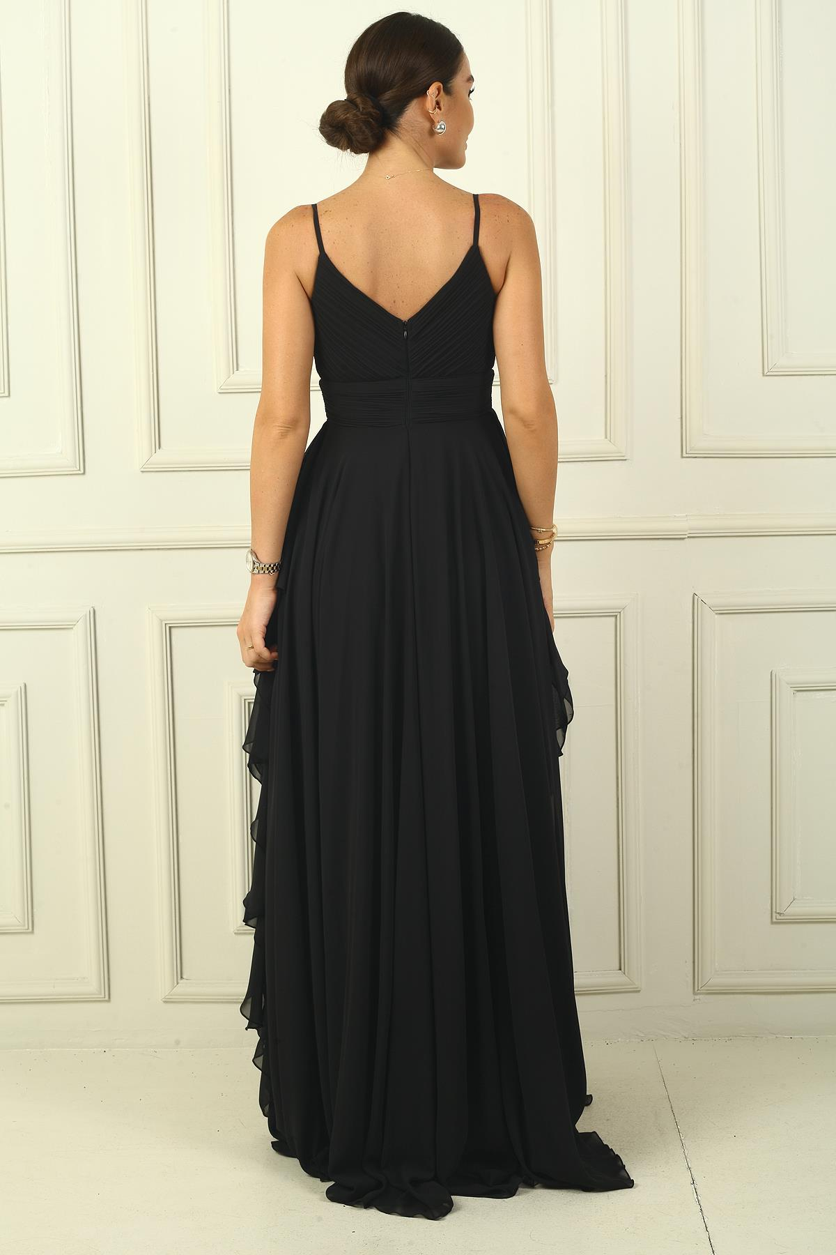 S-24Y4120011Kadın İp Askılı Yanları Yırtmaçlı Astarlı Volanlı Şifon Uzun Elbise